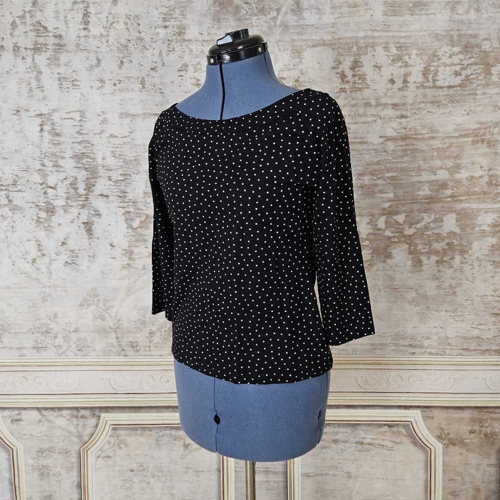 Louie et Lucie Black Polka Dot Top M Boatneck 3/4 Sleeve Rockabilly Retro Pinup - Picture 3 of 8